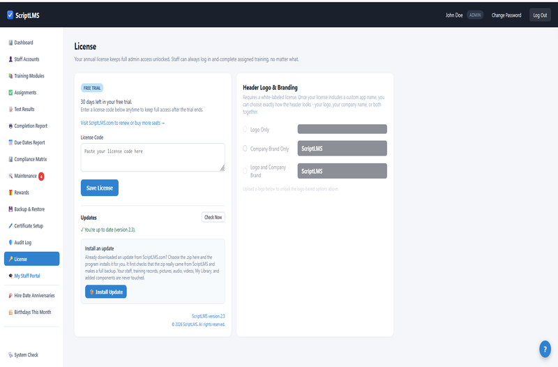 ScriptLMS License page with license status and one-click program updates